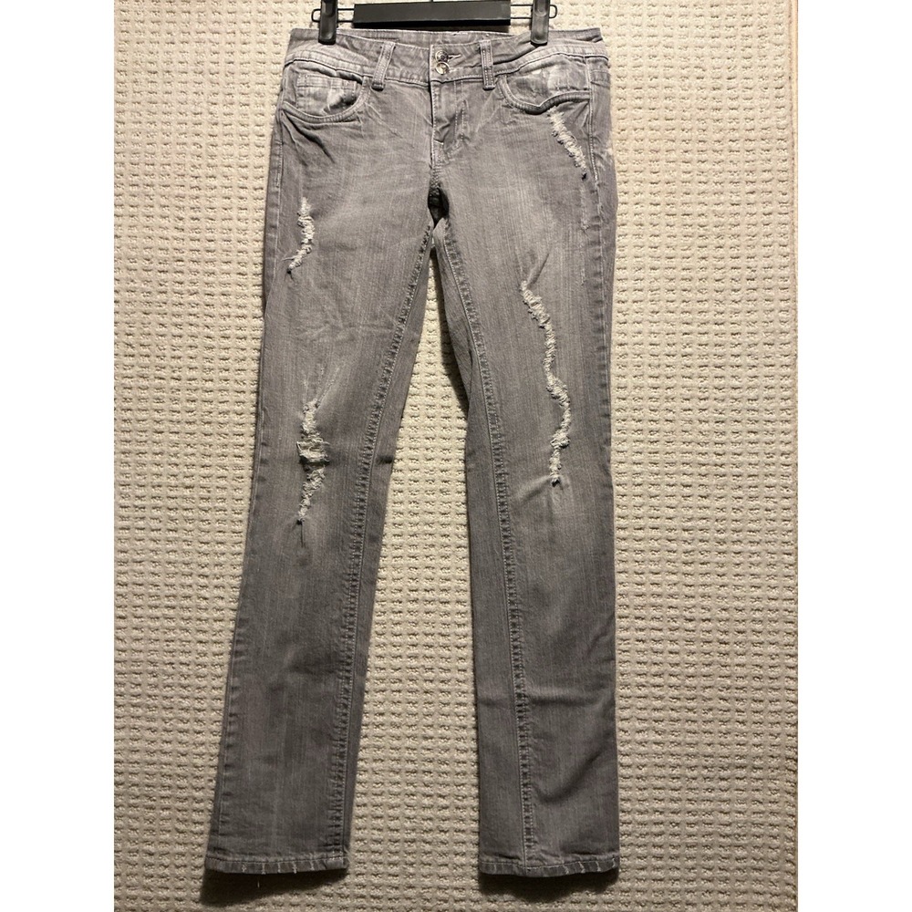 Vigoss Straight Jeans Gray Distressed Flap,pockets 3 28x 31 1/2  Women Low Rise